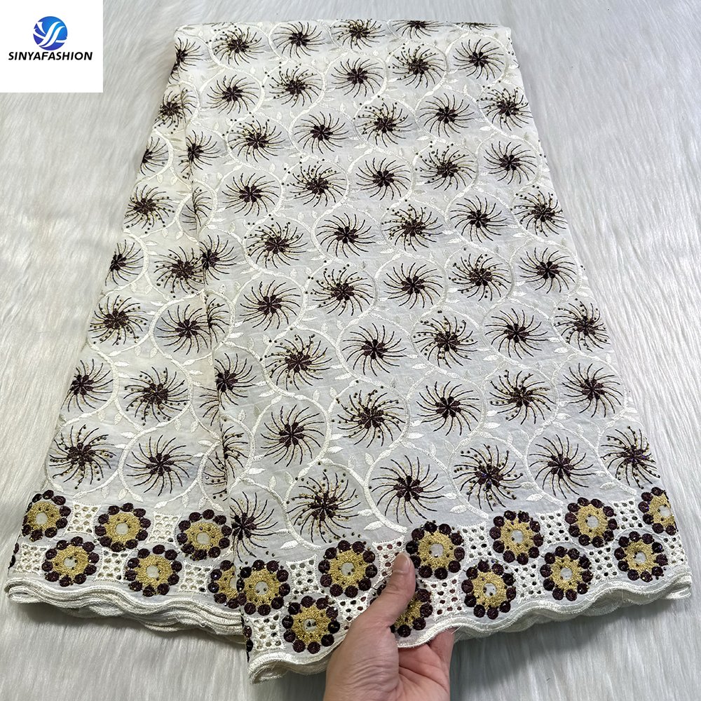 Sinya Nigerian Lace Fabric High Quality 5 Yards Embroidery Stones Austria Swiss Voile Lace In Switzerland 100% Cotton Wedding