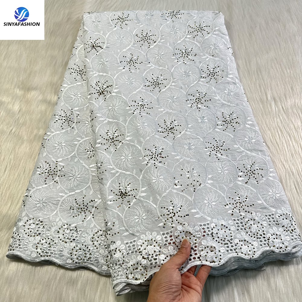 Sinya Nigerian Lace Fabric High Quality 5 Yards Embroidery Stones Austria Swiss Voile Lace In Switzerland 100% Cotton Wedding