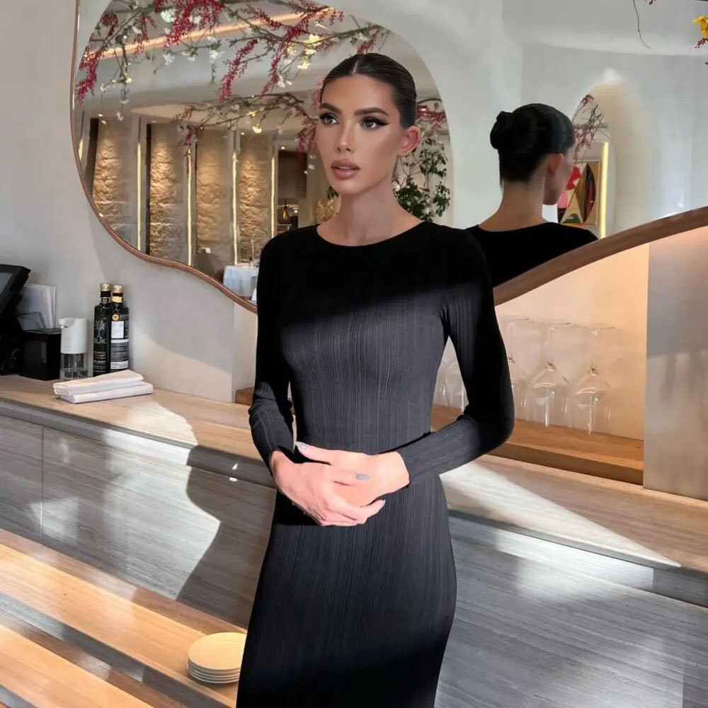 Knitwear manufacturer Custom Long Sleeve Crew neck sweater Robe ladies Rib knit Pit Strip Slim Elegant Women Casual Maxi Dress
