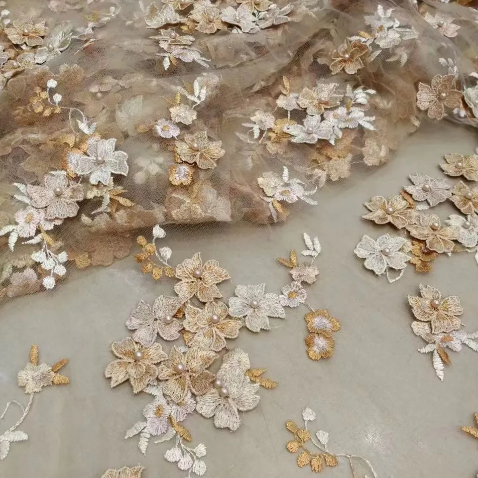 China wholesale price beaded 3d flower embroidered lace fabric fancy fabric for party wedding dress