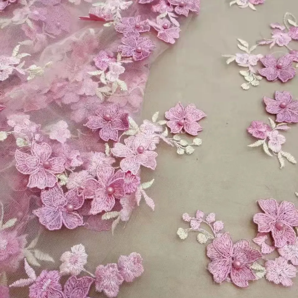 China wholesale price beaded 3d flower embroidered lace fabric fancy fabric for party wedding dress
