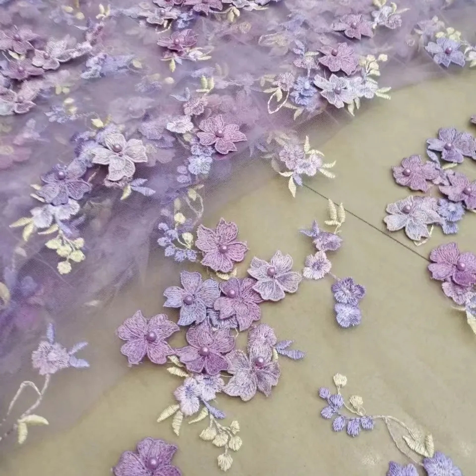 China wholesale price beaded 3d flower embroidered lace fabric fancy fabric for party wedding dress