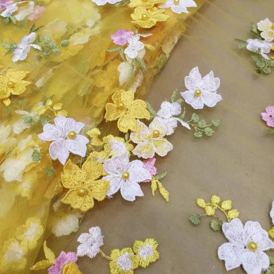 China wholesale price beaded 3d flower embroidered lace fabric fancy fabric for party wedding dress