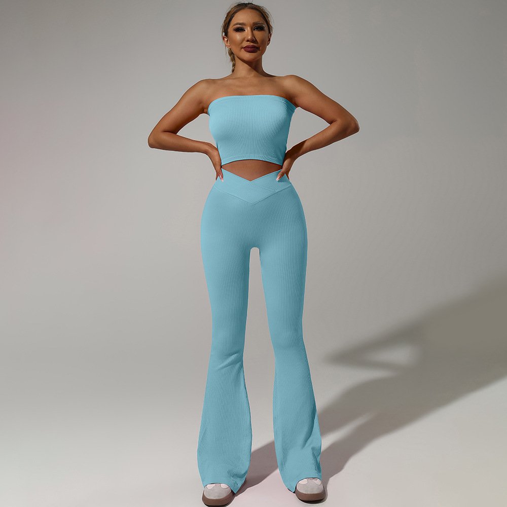 Women Ribbed Tube Top Flare Pants Yoga Sets Lady V Waist Scrunch Butt Gym Tracksuit Female Crop Vest High Waist Sports Suits