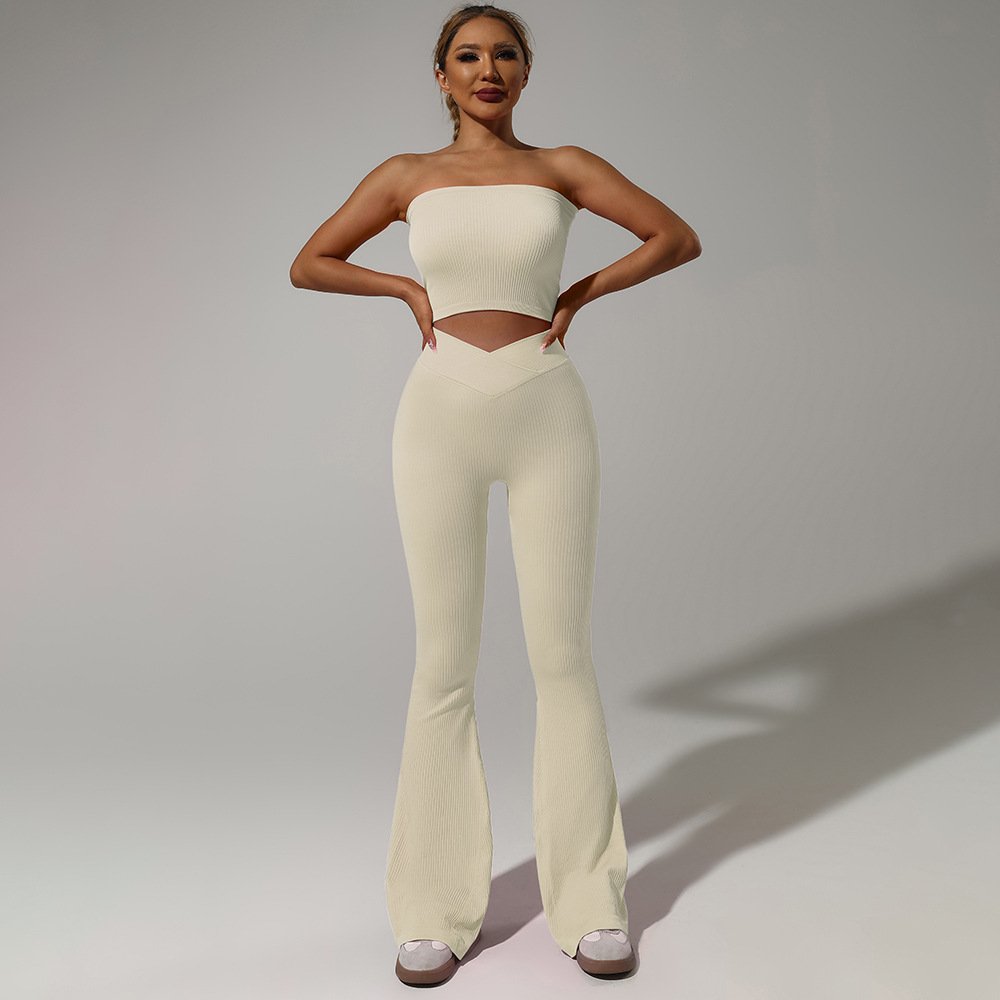 Women Ribbed Tube Top Flare Pants Yoga Sets Lady V Waist Scrunch Butt Gym Tracksuit Female Crop Vest High Waist Sports Suits