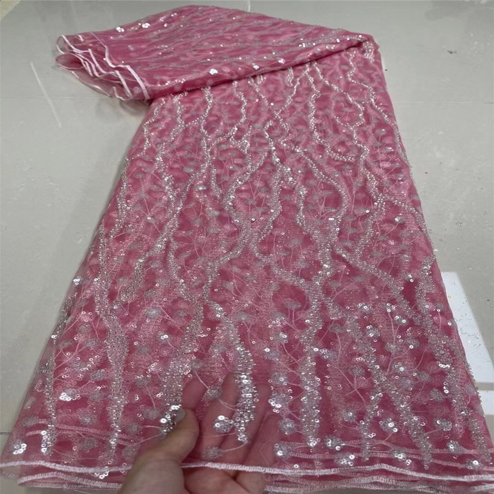 New Design Heavy Beaded Lace Fabric Women Pearls Sequins Fabric 3D Beaded Embroidery Tulle Luxury African Bridal Lace Fabric