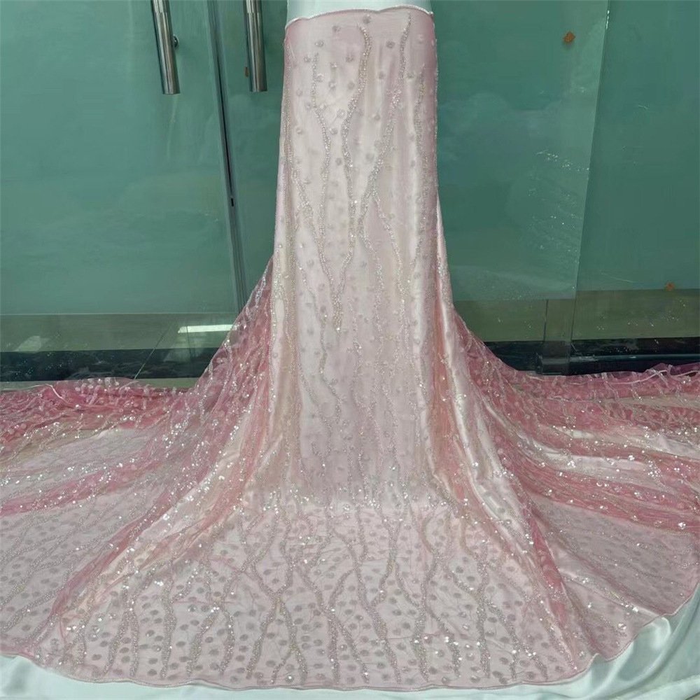 New Design Heavy Beaded Lace Fabric Women Pearls Sequins Fabric 3D Beaded Embroidery Tulle Luxury African Bridal Lace Fabric