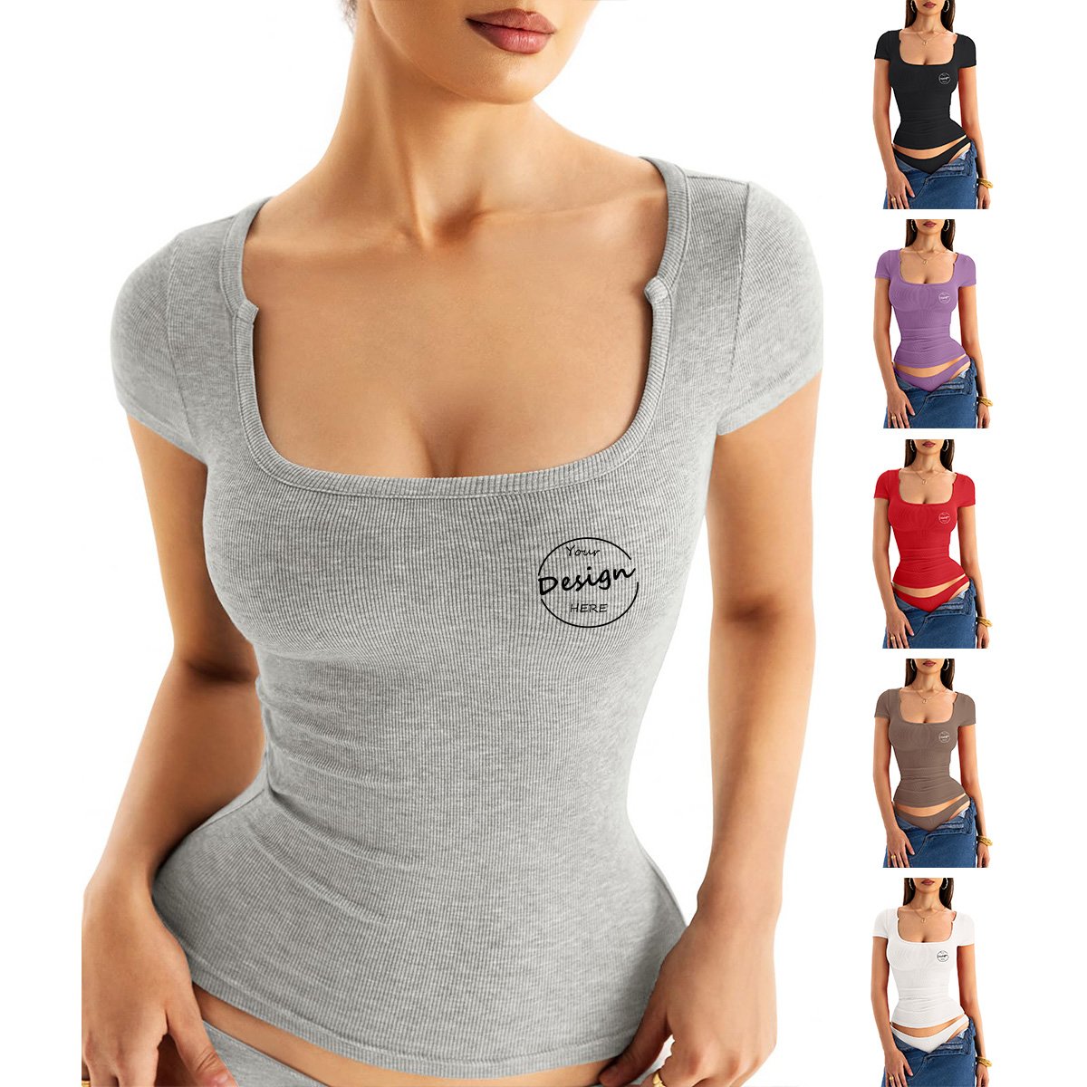 Wholesale Summer Casual Women's T-shirt Short Sleeves Ribbed Custom Logo Printed Slim Fit Sexy U Neck Tshirt Plain