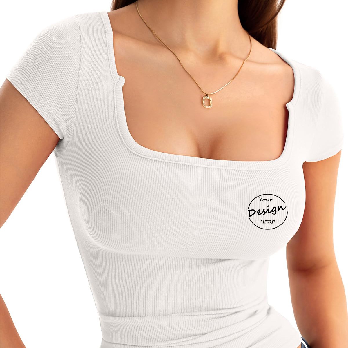 Wholesale Summer Casual Women's T-shirt Short Sleeves Ribbed Custom Logo Printed Slim Fit Sexy U Neck Tshirt Plain