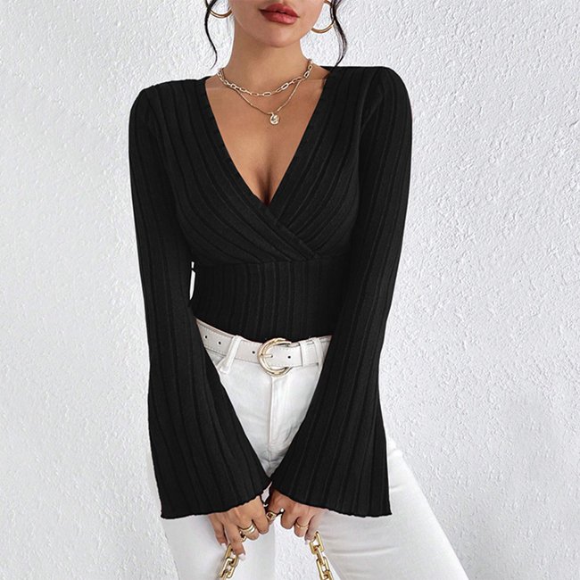 Channel 5 Color 2024 Elegant Sexy Deep V Neck Fitted Ribbed Flare Long Sleeve Shirt Tops For Women