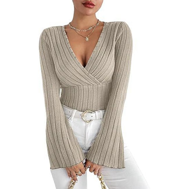 Channel 5 Color 2024 Elegant Sexy Deep V Neck Fitted Ribbed Flare Long Sleeve Shirt Tops For Women