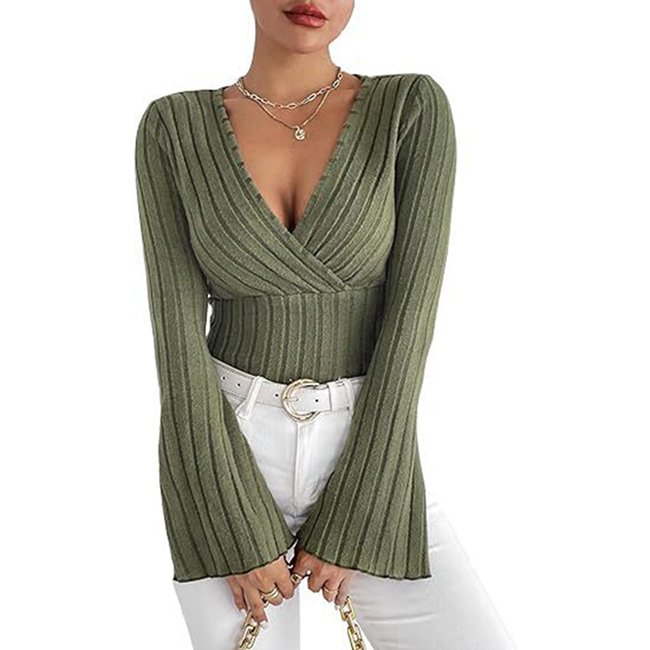 Channel 5 Color 2024 Elegant Sexy Deep V Neck Fitted Ribbed Flare Long Sleeve Shirt Tops For Women