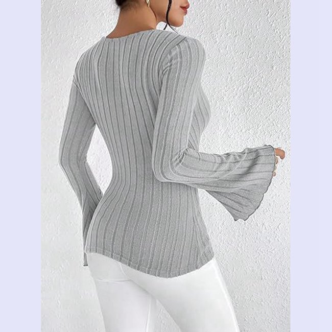 Channel 5 Color 2024 Elegant Sexy Deep V Neck Fitted Ribbed Flare Long Sleeve Shirt Tops For Women