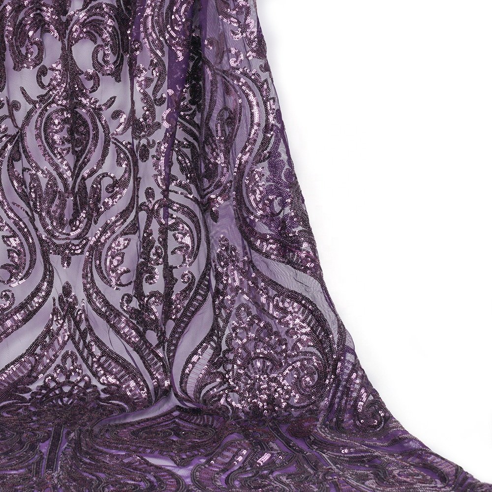 African 3D High-grade Fashion Purple European Style Mesh Fabric Embroidered for Wedding 100% Polyester Embroidery Fabric Woven /