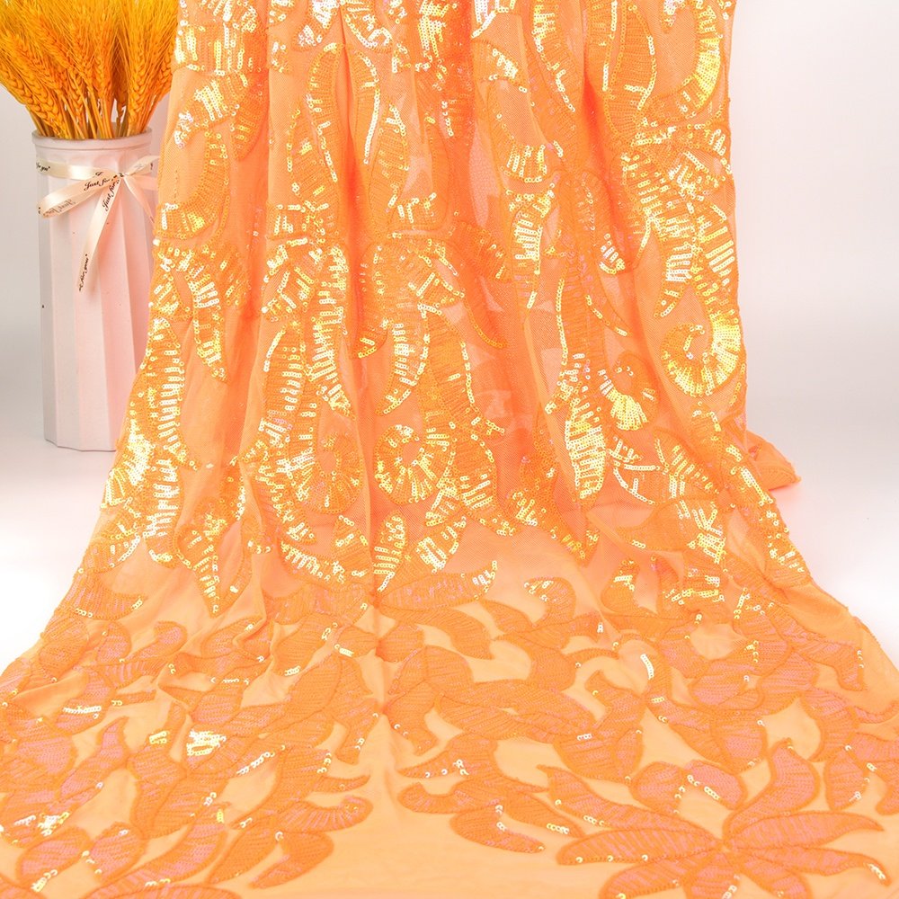 Best Selling African High quality orange glitter Sequin 100% Polyester Sequin Embroidery Fabric For Women's Clothing