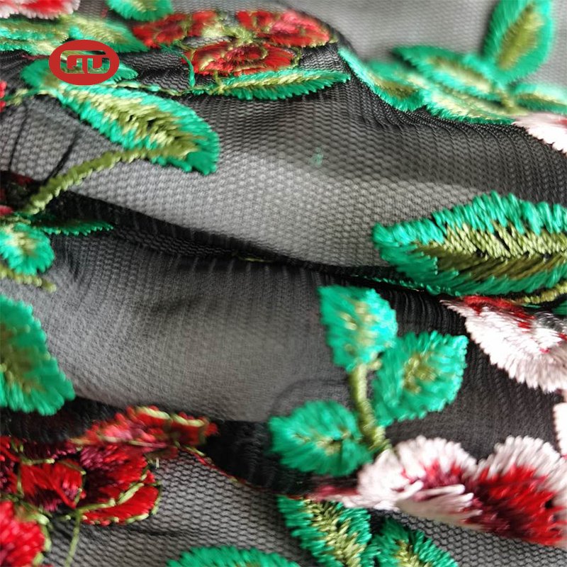High fashion custom colorful flowers floral flat embroidery tulle mesh fabric for ladies dress