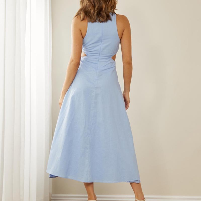 Fashion wholesaler 2024 summer fashion long hottest elegant round neck 100% linen casual women's dress