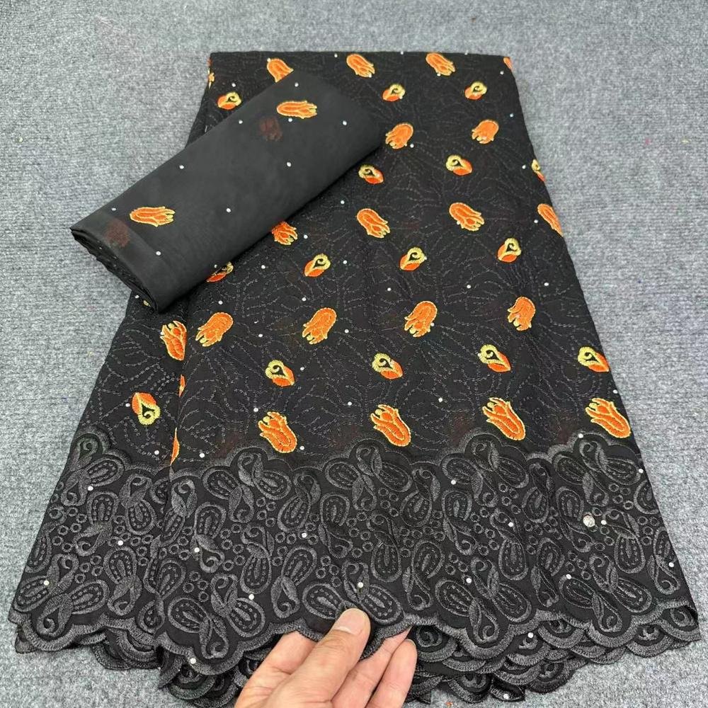 HFX African Nigerian Cotton Lace Fabric 2024 Newest Embroidery Swiss Voile Stone Lace Fabric for Women Dresses Sewing Material