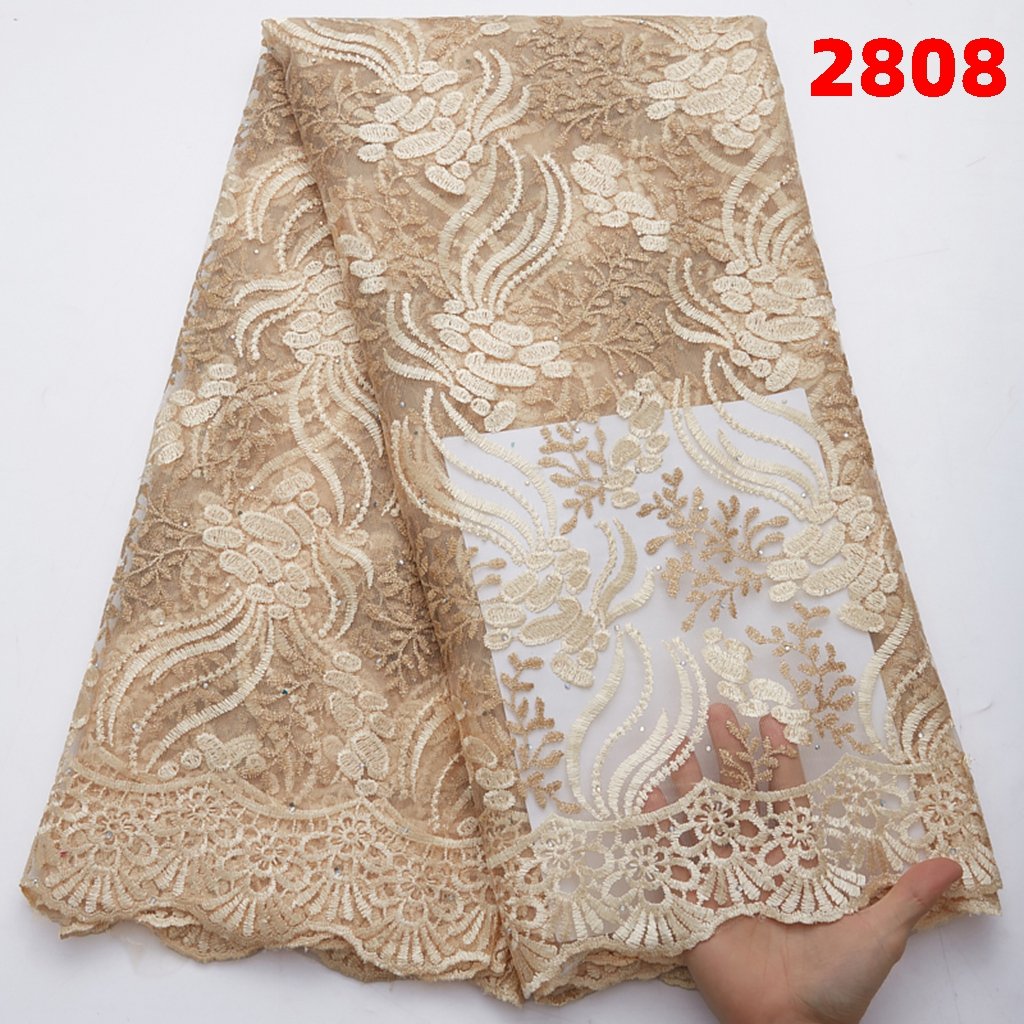 Bridal African Lace Fabric With Stones Embroidery French Lace Embroidery Rhinestone Mesh Fabric Net For Wedding Dress Sew 2810