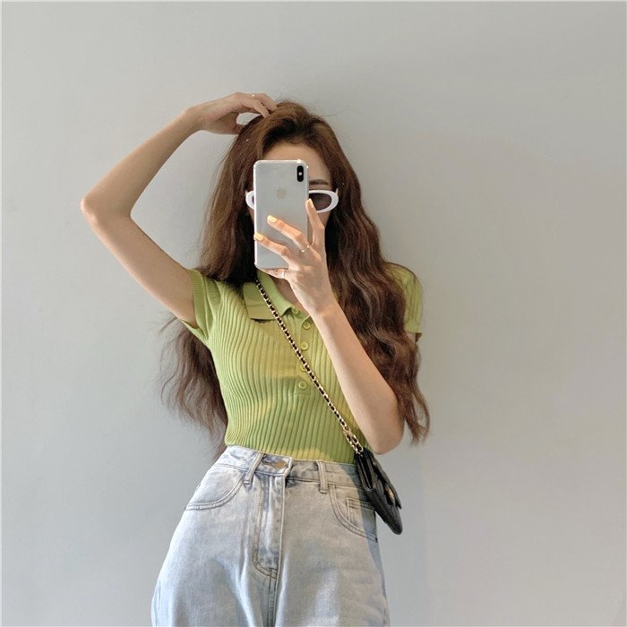Sweater Summer Short Sleeve Polo Neck Rib Knit Cardigan Bodycon Slim Short Style Top For Women