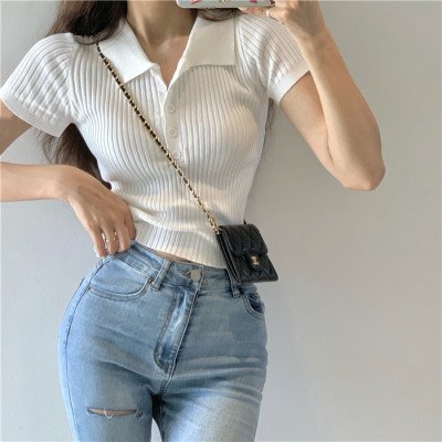 Sweater Summer Short Sleeve Polo Neck Rib Knit Cardigan Bodycon Slim Short Style Top For Women