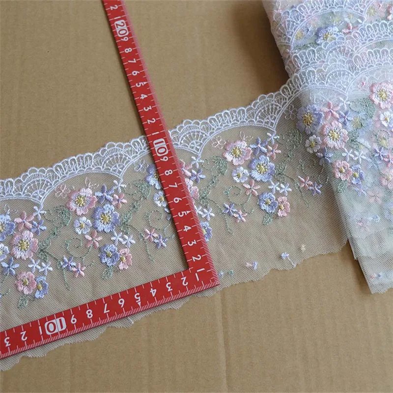 11cm Wide Transparent Mesh Pink Blue Flower Embroidery High Quality Lace Trim For Garments And Wedding Decoration