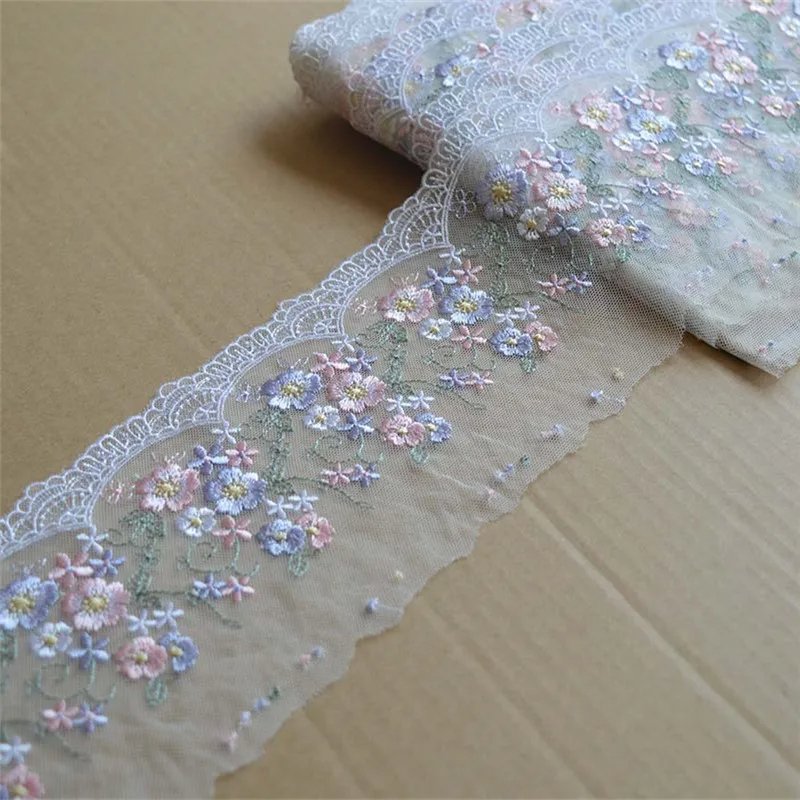 11cm Wide Transparent Mesh Pink Blue Flower Embroidery High Quality Lace Trim For Garments And Wedding Decoration