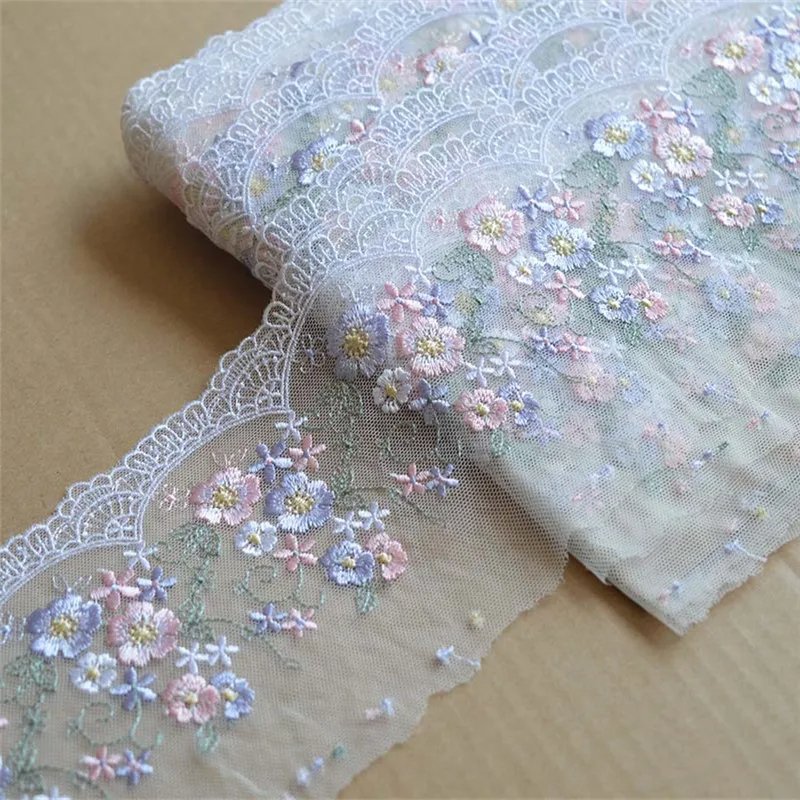 11cm Wide Transparent Mesh Pink Blue Flower Embroidery High Quality Lace Trim For Garments And Wedding Decoration