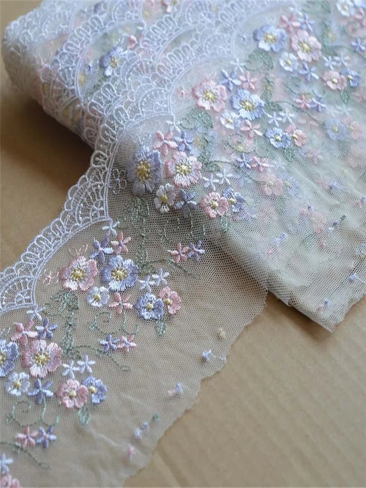 11cm Wide Transparent Mesh Pink Blue Flower Embroidery High Quality Lace Trim For Garments And Wedding Decoration