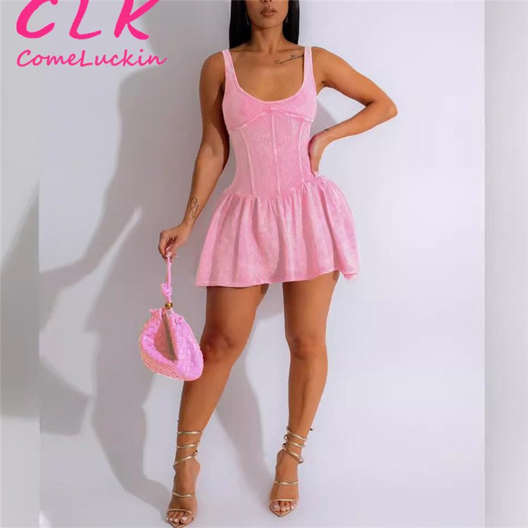 Custom Y2k Ribbed Ruffles Mini Dress Backless Bow Back Corset Pleated Women Dress Summer Sleeveless Knitted Night Out Dress