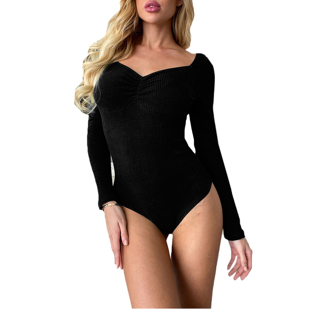 Factory Price Wholesale Green Long Sleeve V Neck Ribbed Women Bodysuit Top Jumpsuit