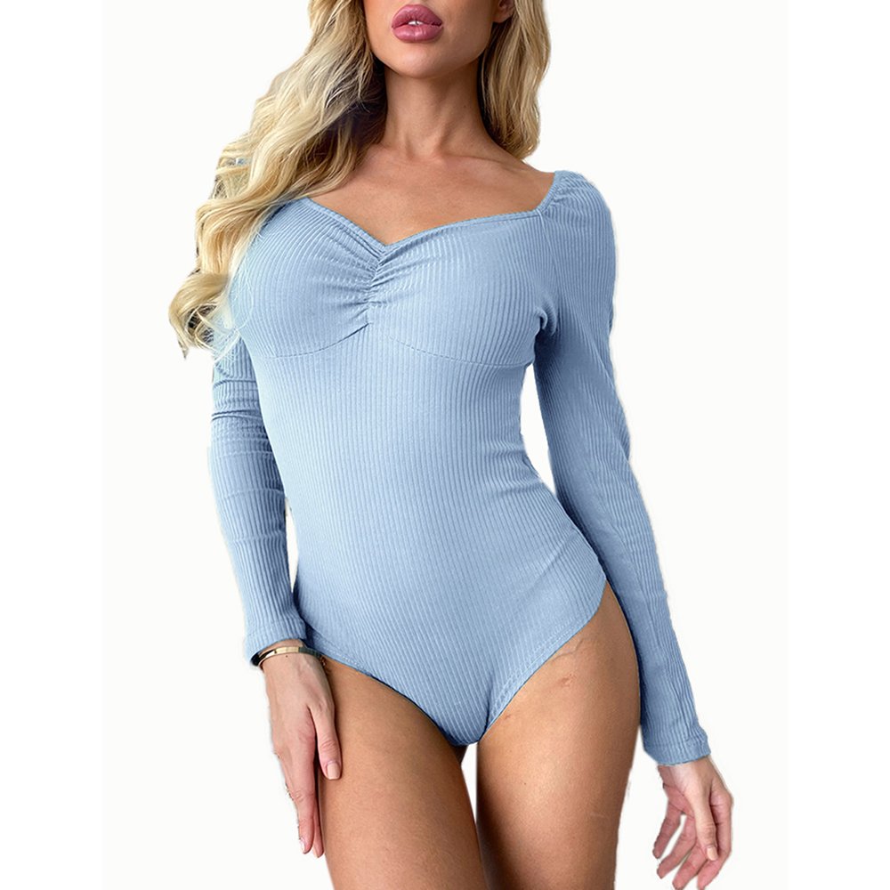 Factory Price Wholesale Green Long Sleeve V Neck Ribbed Women Bodysuit Top Jumpsuit