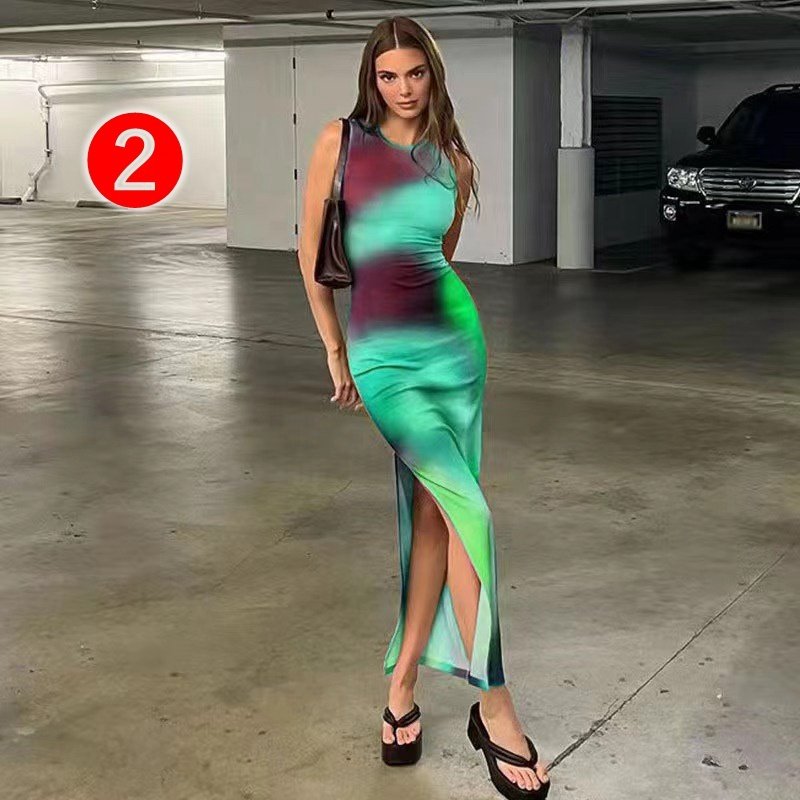 Sleeveless Backless Maxi Dress Women Tie Dye Print Split Slim Long Dress women Elegant Party Dresses