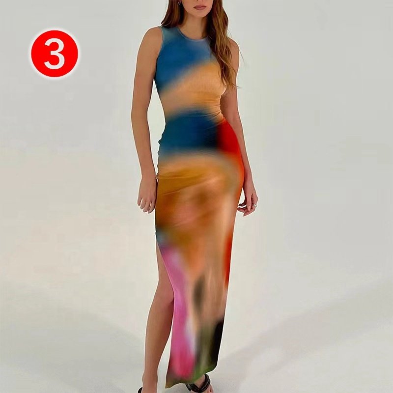 Sleeveless Backless Maxi Dress Women Tie Dye Print Split Slim Long Dress women Elegant Party Dresses