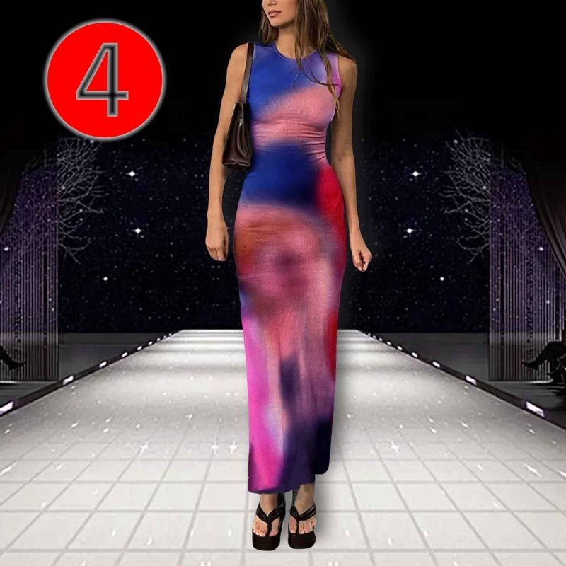 Sleeveless Backless Maxi Dress Women Tie Dye Print Split Slim Long Dress women Elegant Party Dresses