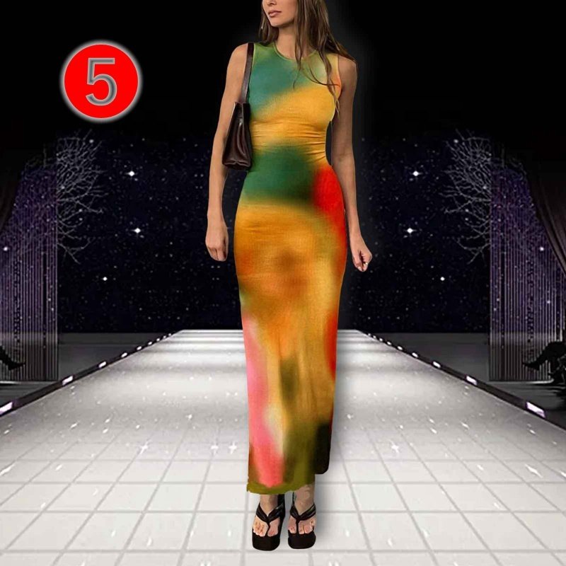 Sleeveless Backless Maxi Dress Women Tie Dye Print Split Slim Long Dress women Elegant Party Dresses