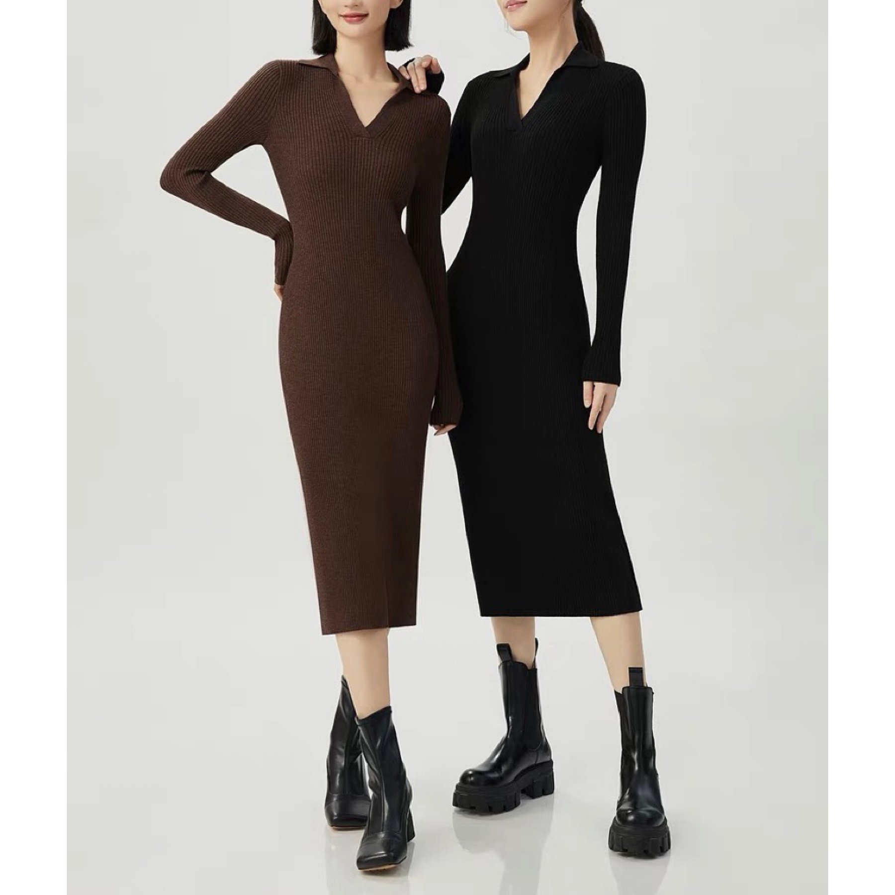 slim fitted wide rib knit cashmere wool long women dress