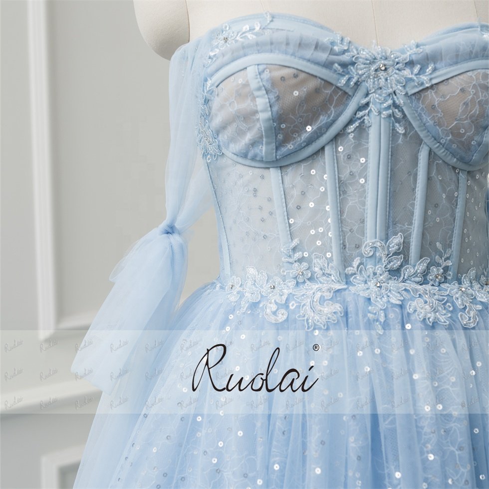 Ruolai LWC6713 Strapless Lace Flowers Sequined Pleating A-line Blue Tulle Evening Party Dress 2023