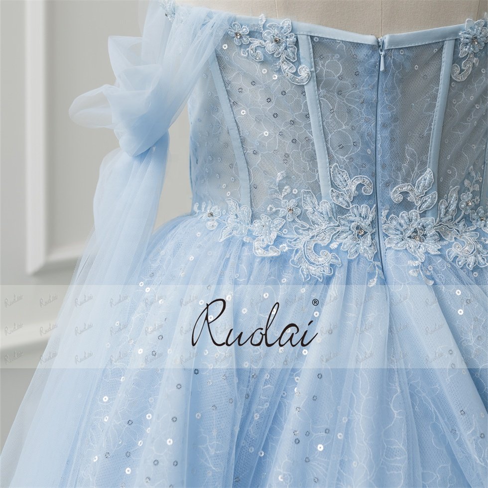 Ruolai LWC6713 Strapless Lace Flowers Sequined Pleating A-line Blue Tulle Evening Party Dress 2023