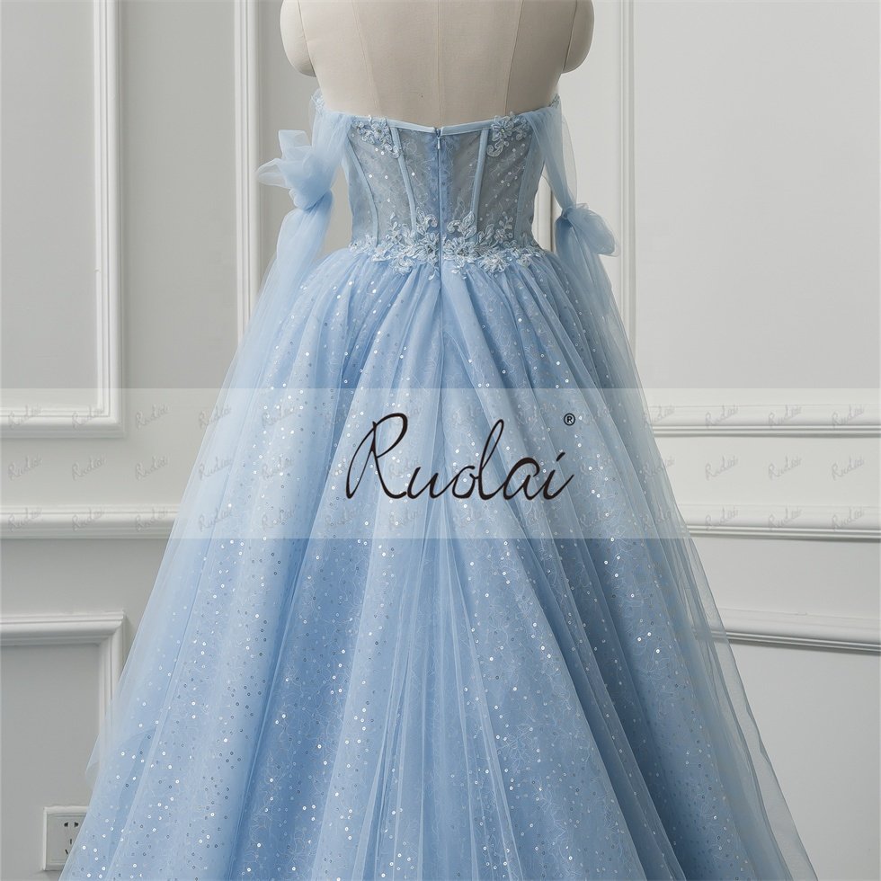 Ruolai LWC6713 Strapless Lace Flowers Sequined Pleating A-line Blue Tulle Evening Party Dress 2023