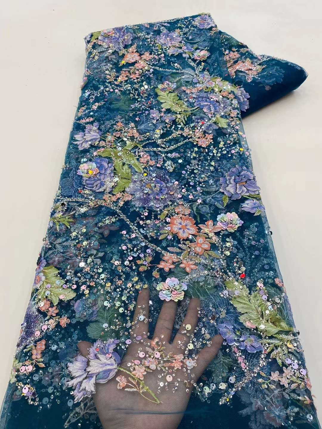 AFFINITY Mesh Nigerian Polyester Sparkly Colorful Sequins Embroidery 3D Fabric Tulle Lace Fabric For Evening Dresses