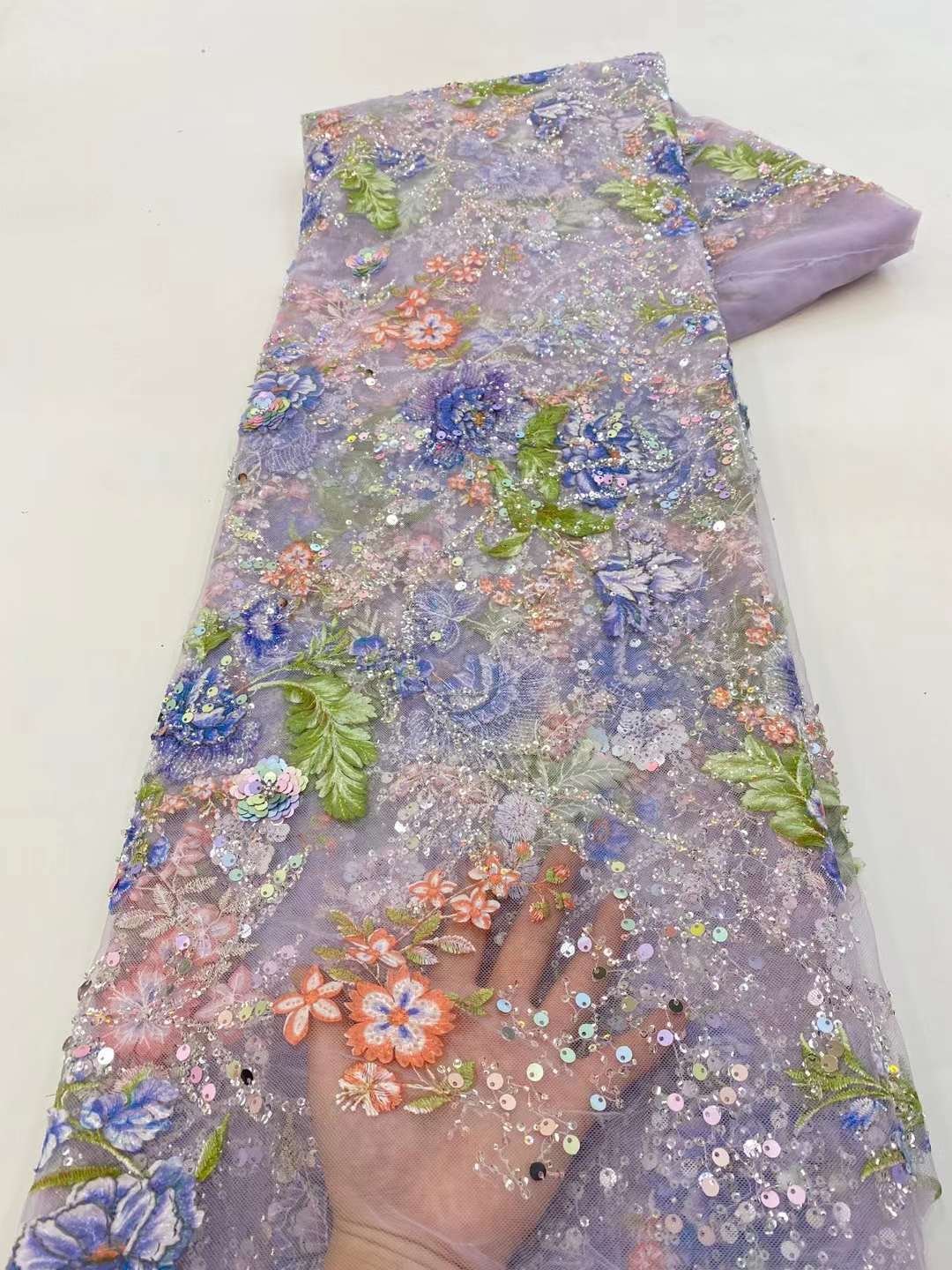 AFFINITY Mesh Nigerian Polyester Sparkly Colorful Sequins Embroidery 3D Fabric Tulle Lace Fabric For Evening Dresses