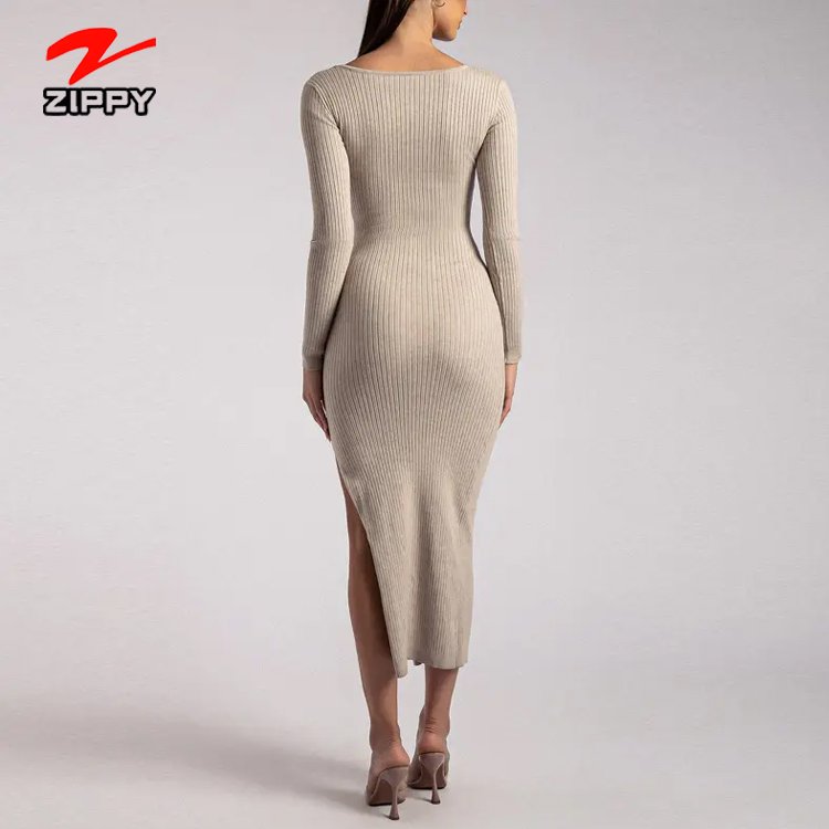 2023 Custom Women Elegant Wrap Dress White Midi Knit Bodycon Long Sleeve Ribbed Dress