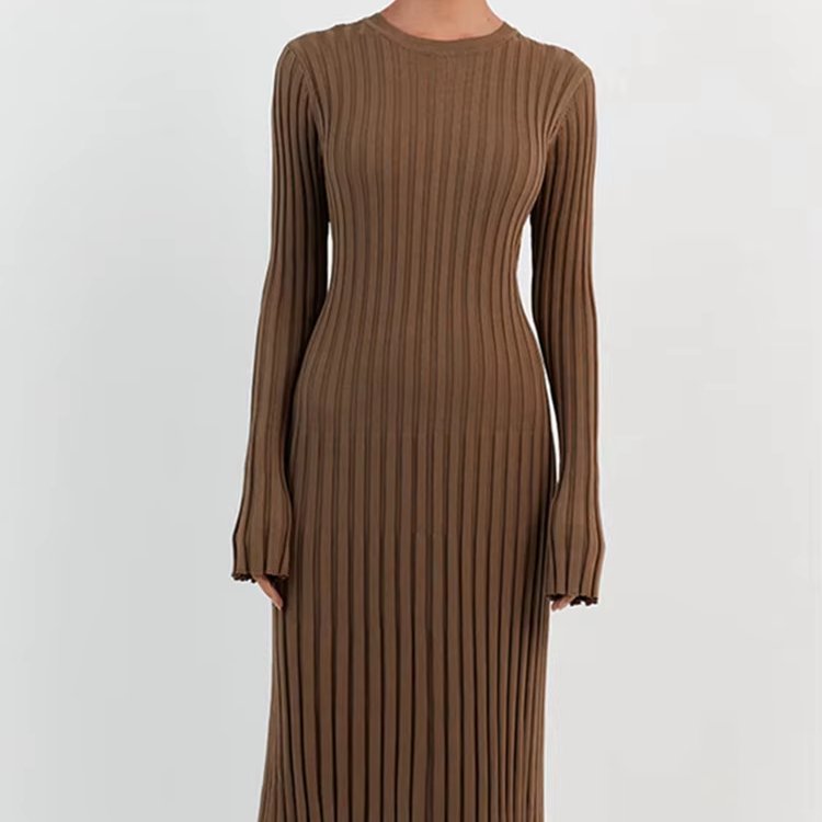New Arrival Custom Ribbed Flare Long Sleeve Dress Round Collar Back Lace Up Knitted Dress Women's Casual Maxi Dresses