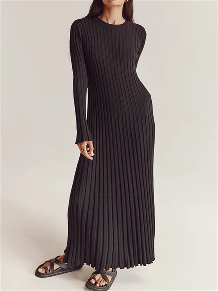 New Arrival Custom Ribbed Flare Long Sleeve Dress Round Collar Back Lace Up Knitted Dress Women's Casual Maxi Dresses