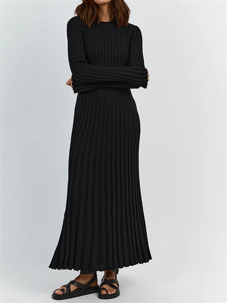 New Arrival Custom Ribbed Flare Long Sleeve Dress Round Collar Back Lace Up Knitted Dress Women's Casual Maxi Dresses