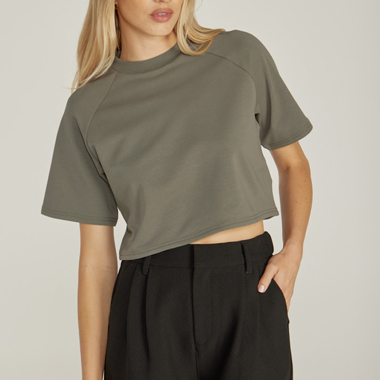 High Quality Boxy Cropped Rib Collar Plain Embroidery Oversized Crop Top Raglan Summer T Shirt For Women
