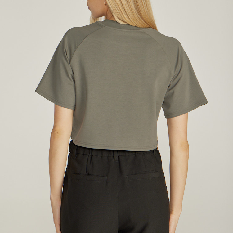 High Quality Boxy Cropped Rib Collar Plain Embroidery Oversized Crop Top Raglan Summer T Shirt For Women