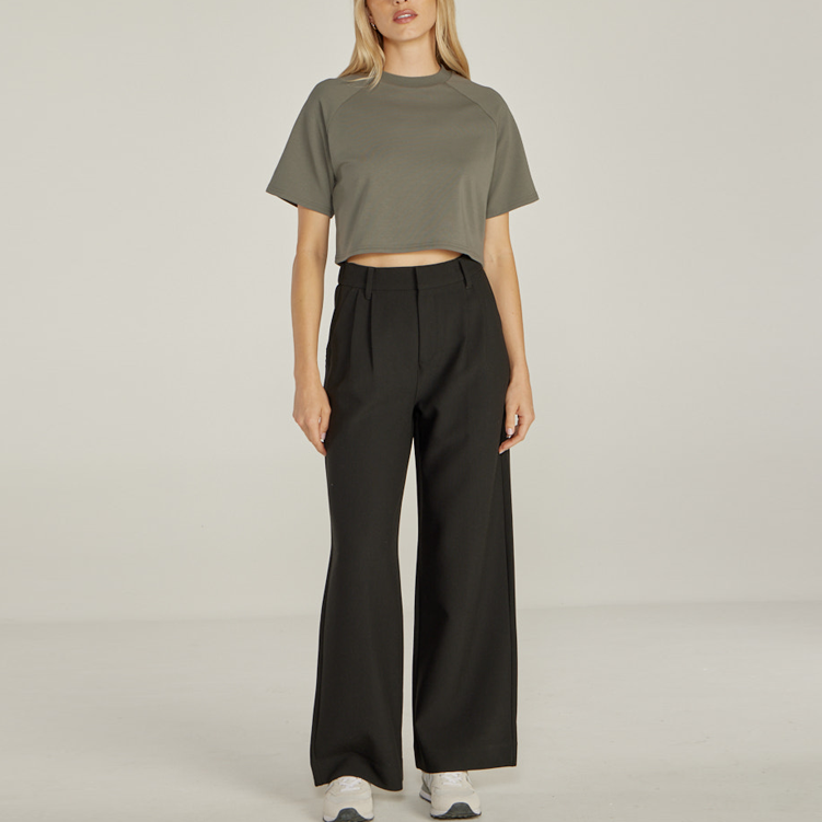 High Quality Boxy Cropped Rib Collar Plain Embroidery Oversized Crop Top Raglan Summer T Shirt For Women