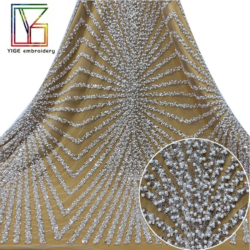 luxury women wedding bridal beads fabric White tulle beaded embroidered fabrics glitter wedding dress Pearls lace fabric